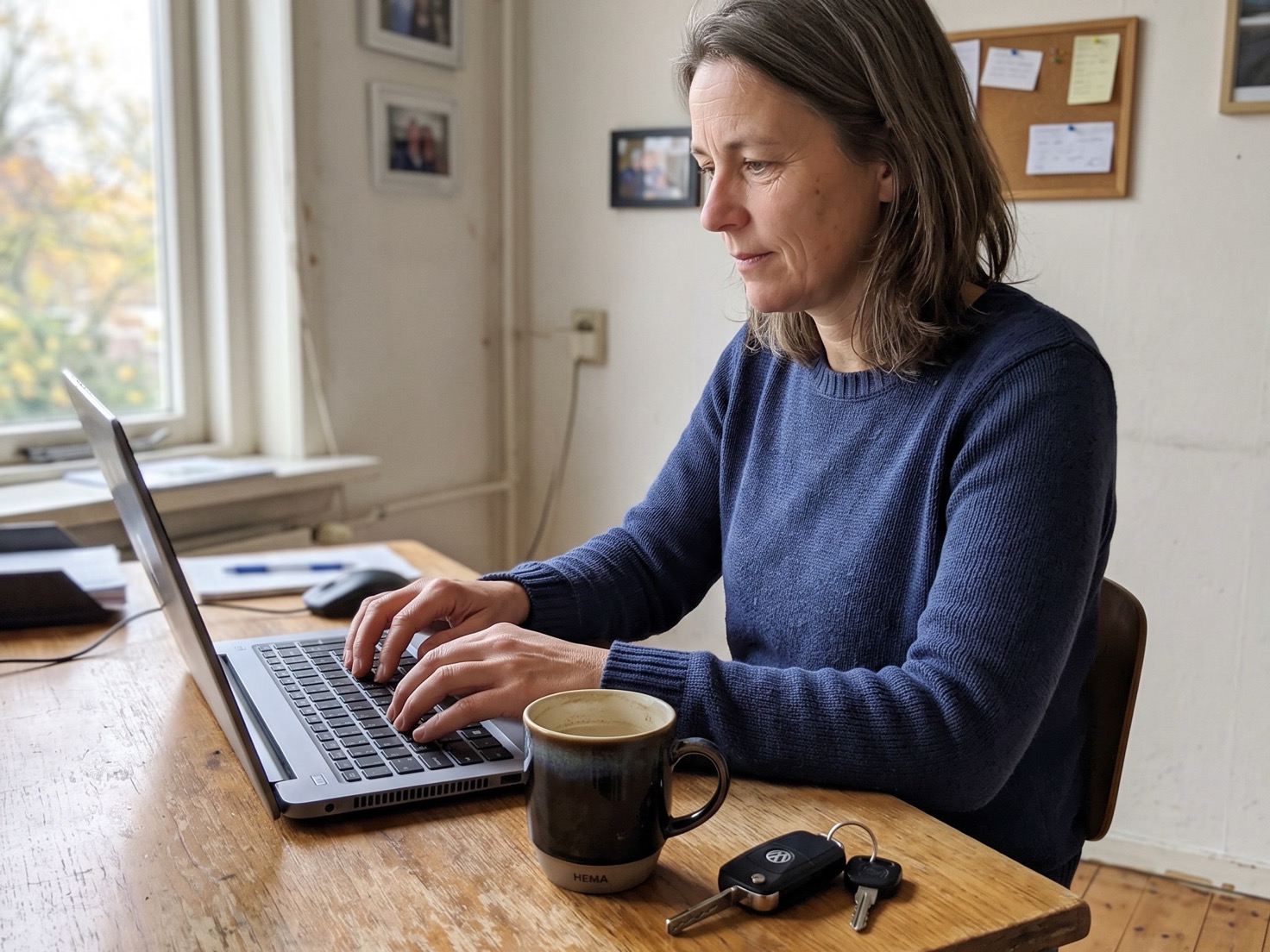 Solo-ondernemer noteert aan haar bureau een zakelijke rit met de autosleutels naast haar laptop