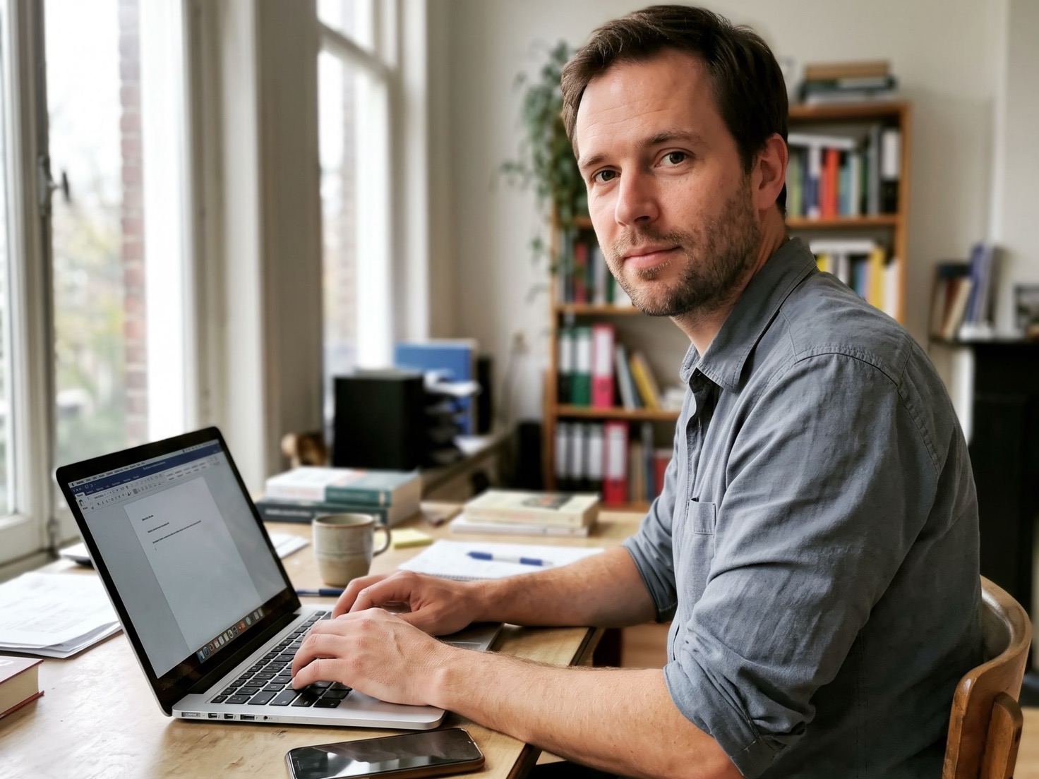 Zelfstandig ondernemer werkt aan laptop in zijn eigen werkruimte