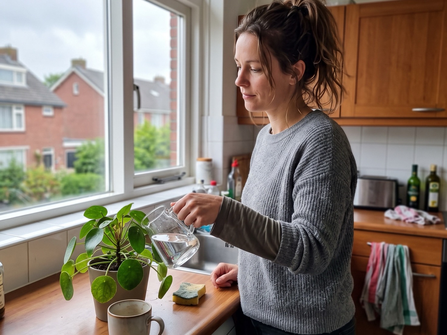 Vrouw geeft een plant water aan het aanrecht in haar keuken