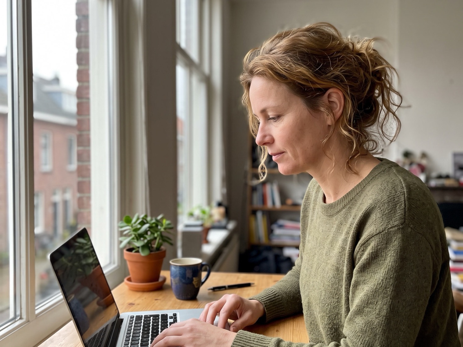 Solo-ondernemer werkt geconcentreerd aan haar laptop aan een contentserie op basis van klantvragen