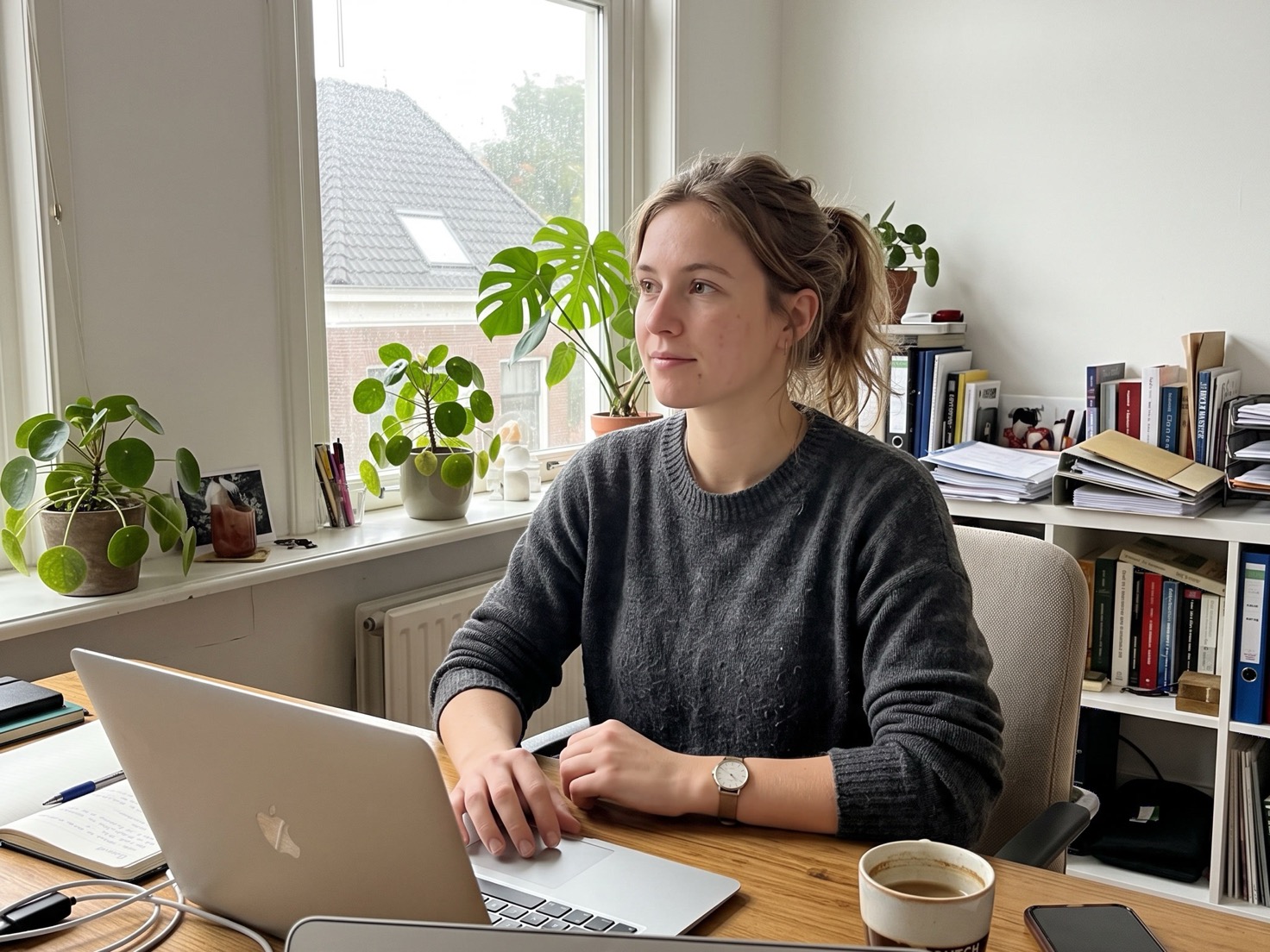 Vrouw kijkt nadenkend naar haar laptop terwijl ze een vraag aan een klant formuleert