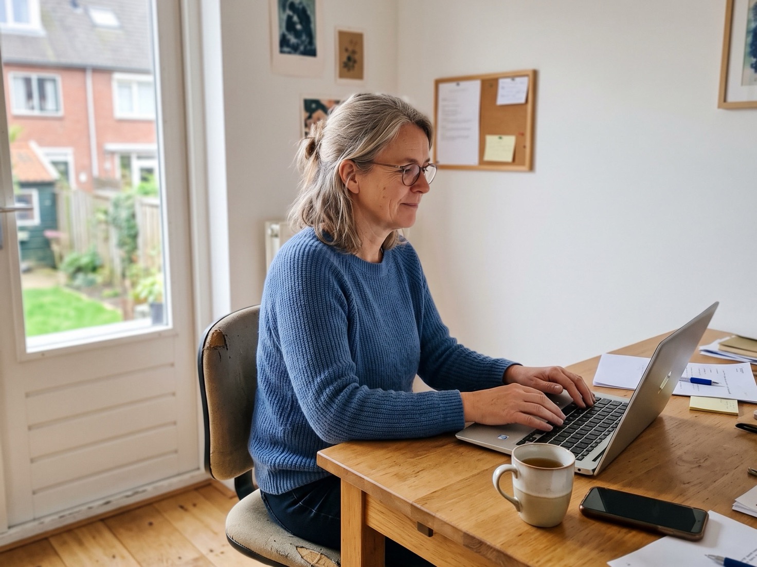 Solo-ondernemer denkt na achter haar laptop over een kortingsvraag van een klant