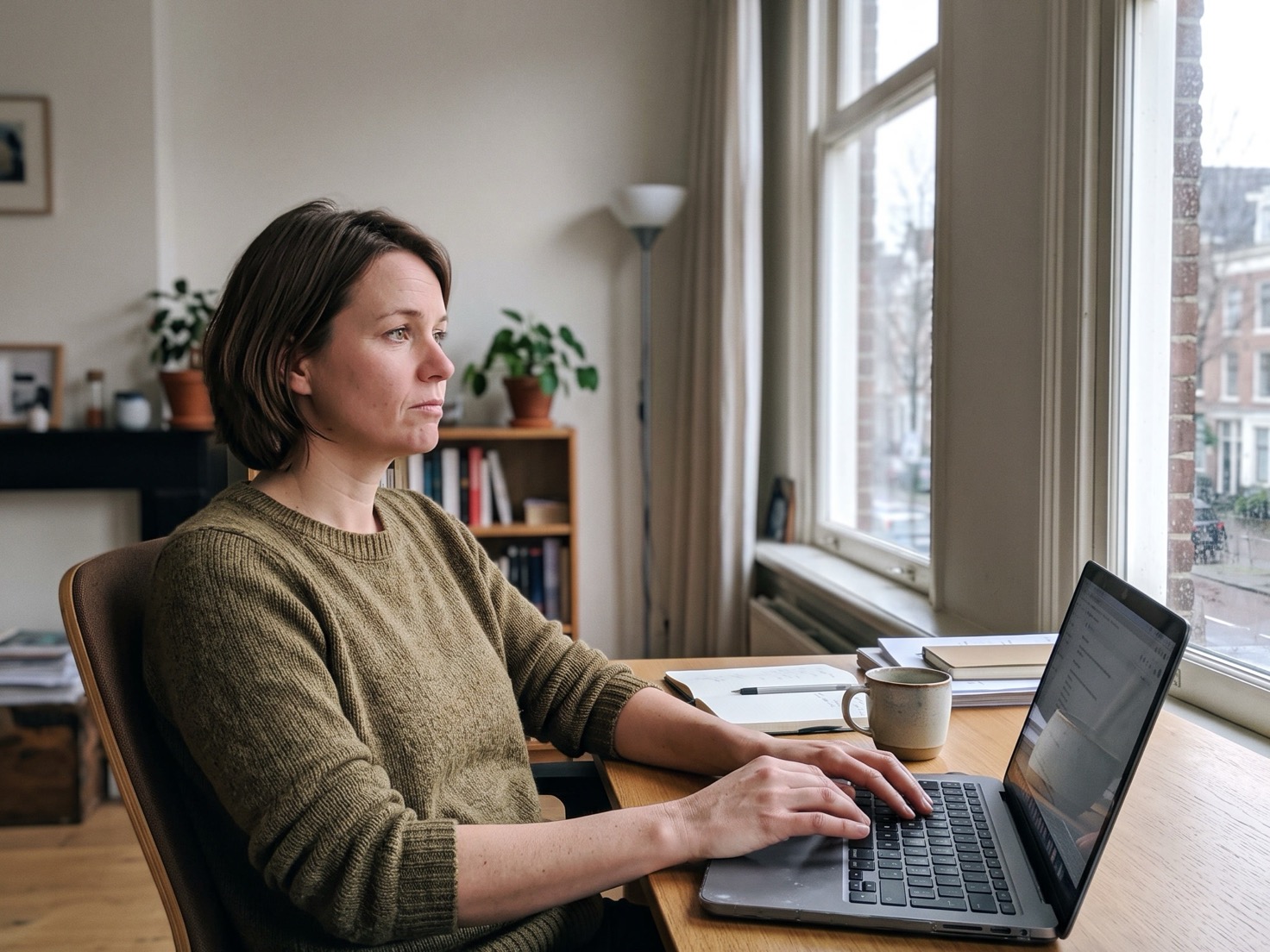 Solo-ondernemer denkt na achter haar laptop over wat klanten haar zouden vertellen
