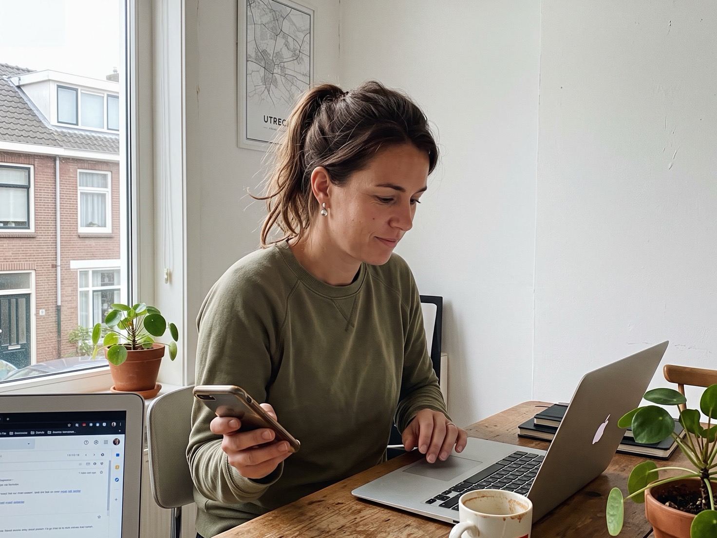 Solo-ondernemer checkt haar telefoon aan haar werktafel met de laptop open
