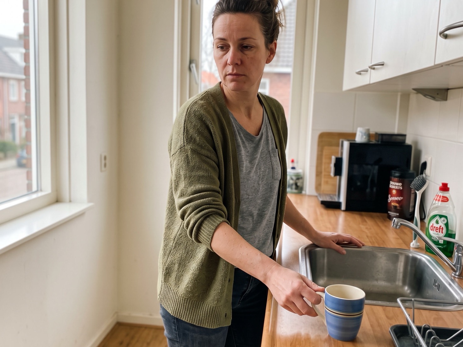 Vrouw van in de veertig zet een mok neer op het aanrecht in haar keuken en denkt na