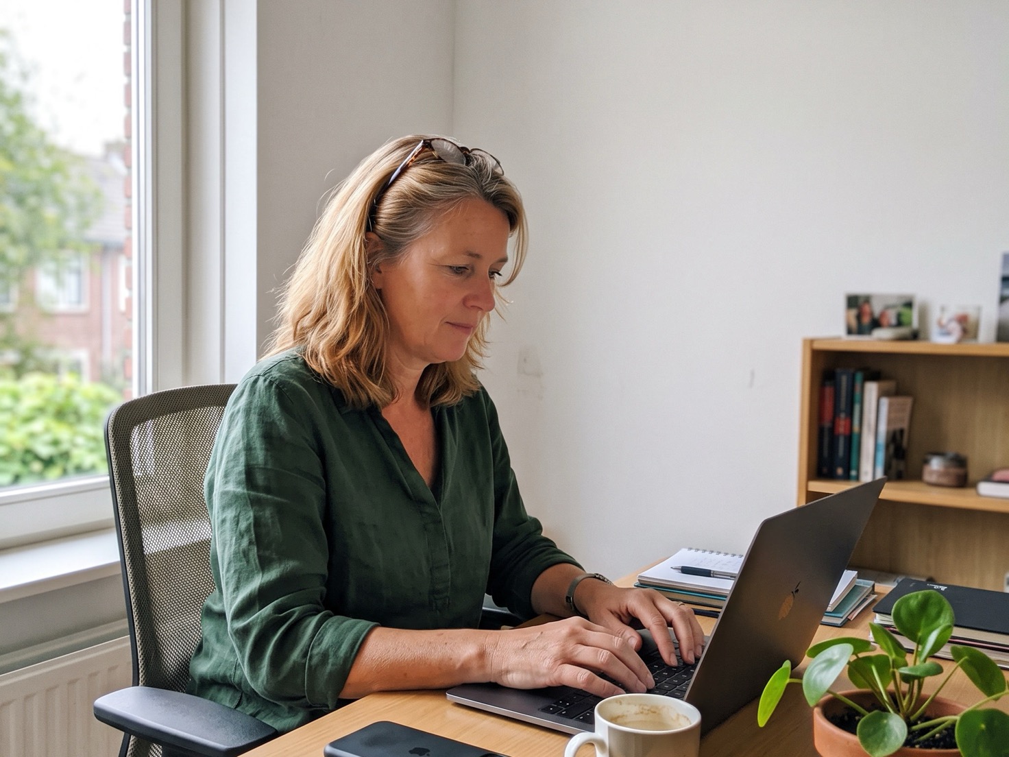 Vrouw werkt aan een laptop in haar thuiskantoor, op zoek naar een antwoord op een klantvraag