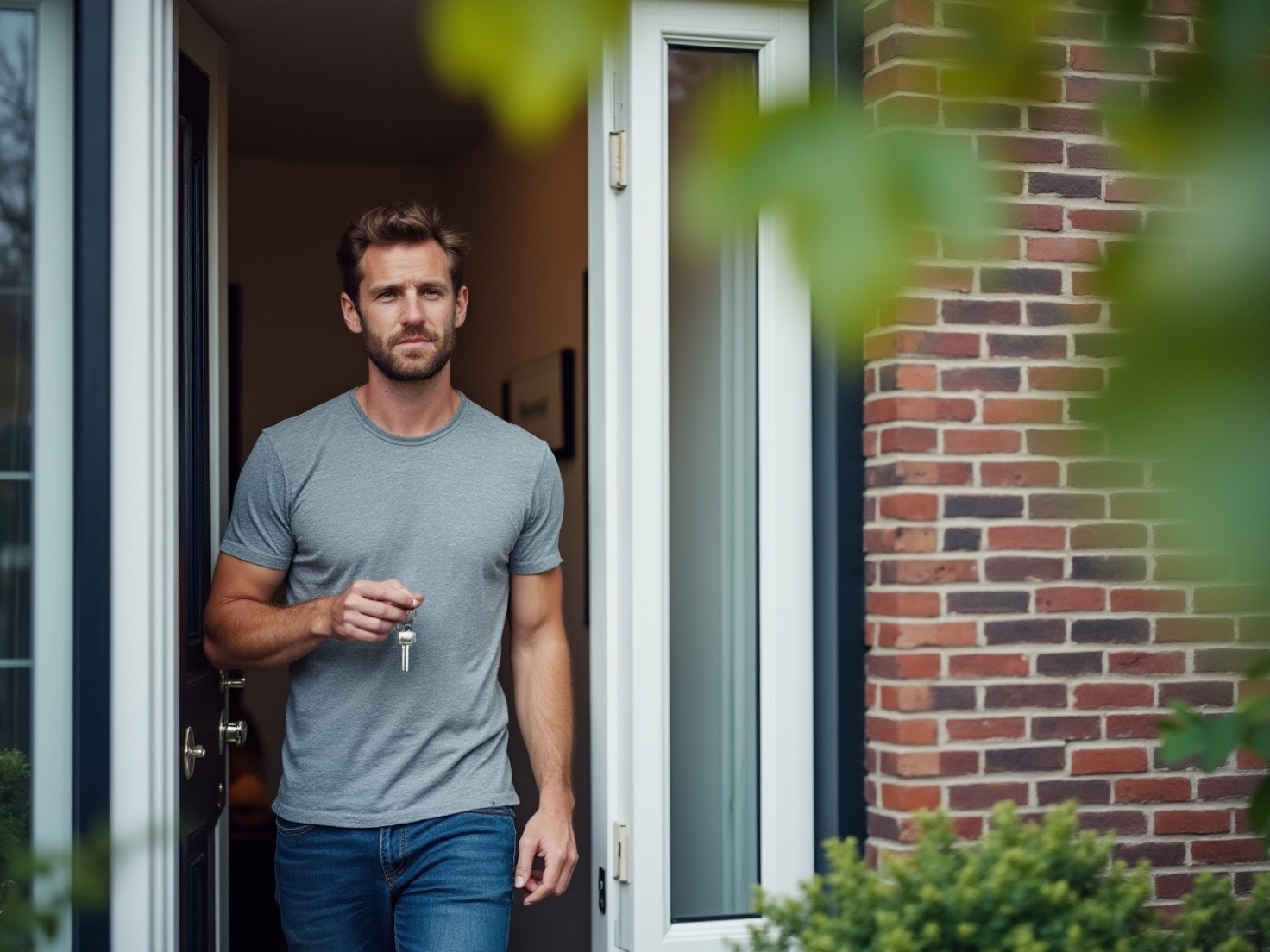 Solo-ondernemer staat in de deuropening van zijn huis en kijkt rustig naar buiten