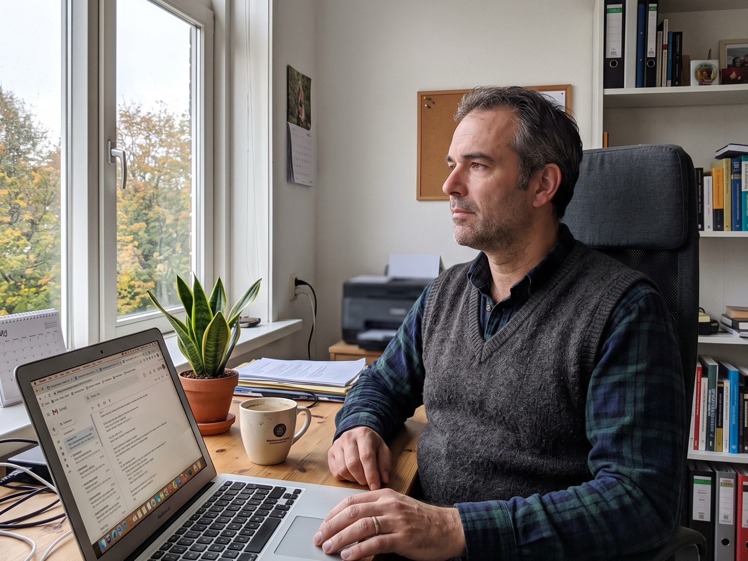 Solo-ondernemer leunt rustig achterover achter zijn laptop, nadenkend over zijn volgende social media post