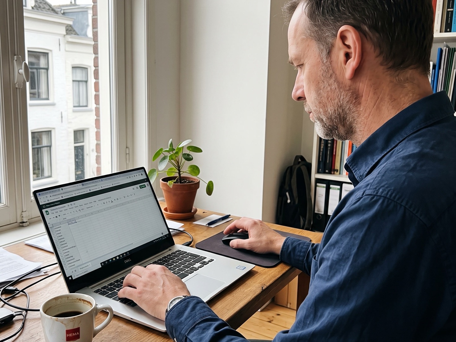 Man werkt geconcentreerd achter zijn laptop in zijn werkkamer thuis