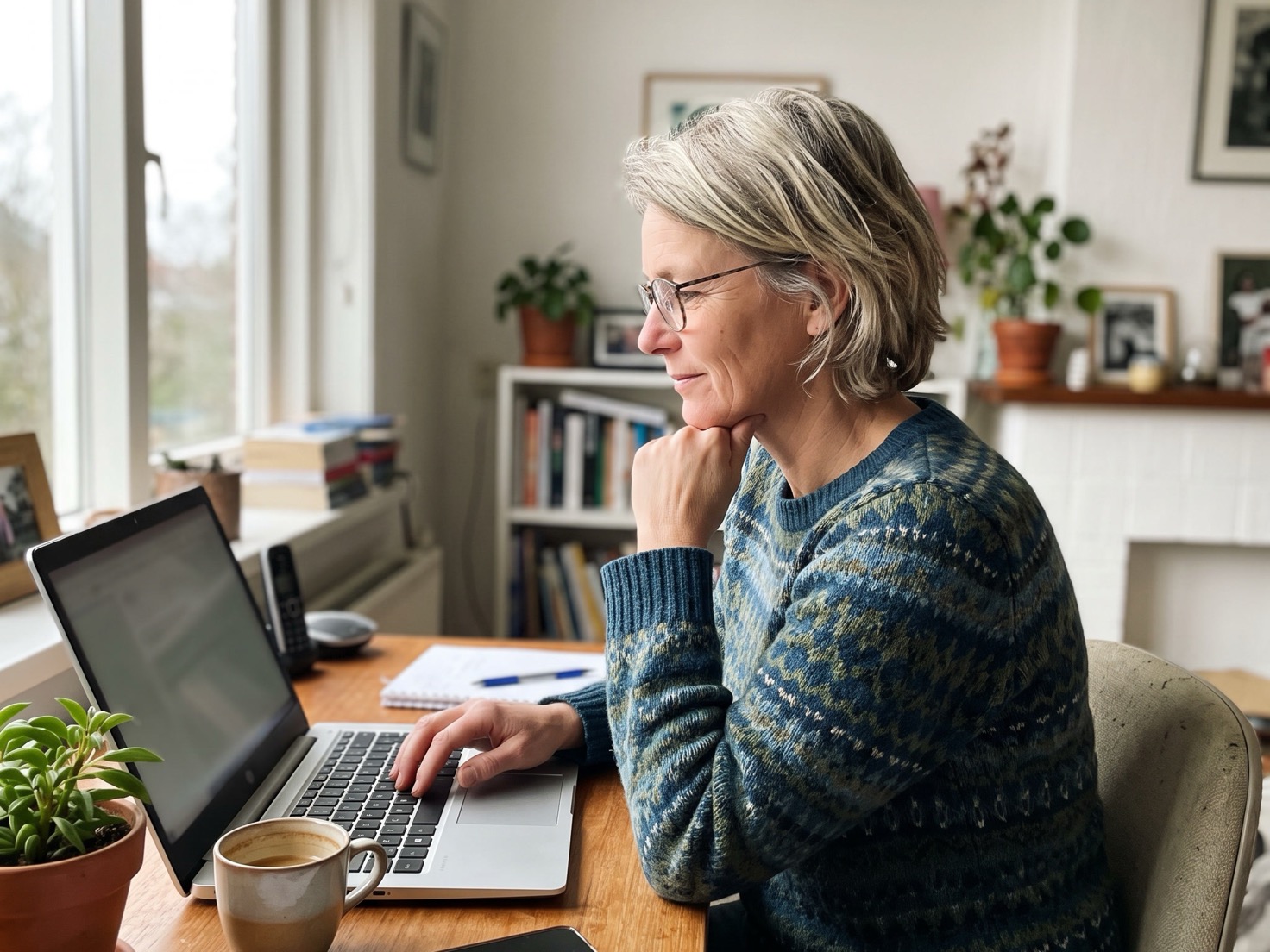 Vrouw werkt achter haar laptop in een thuiskantoor terwijl ze een LinkedIn-post typt