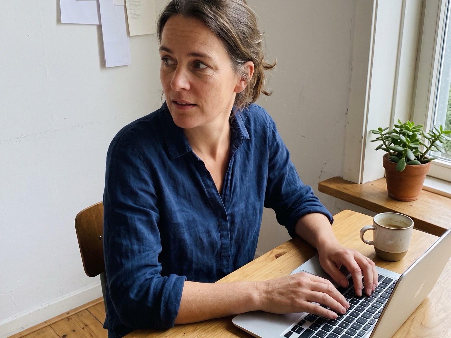 Vrouw werkt geconcentreerd achter haar laptop bij het raam, met een frons na het zien van tegenvallende cijfers