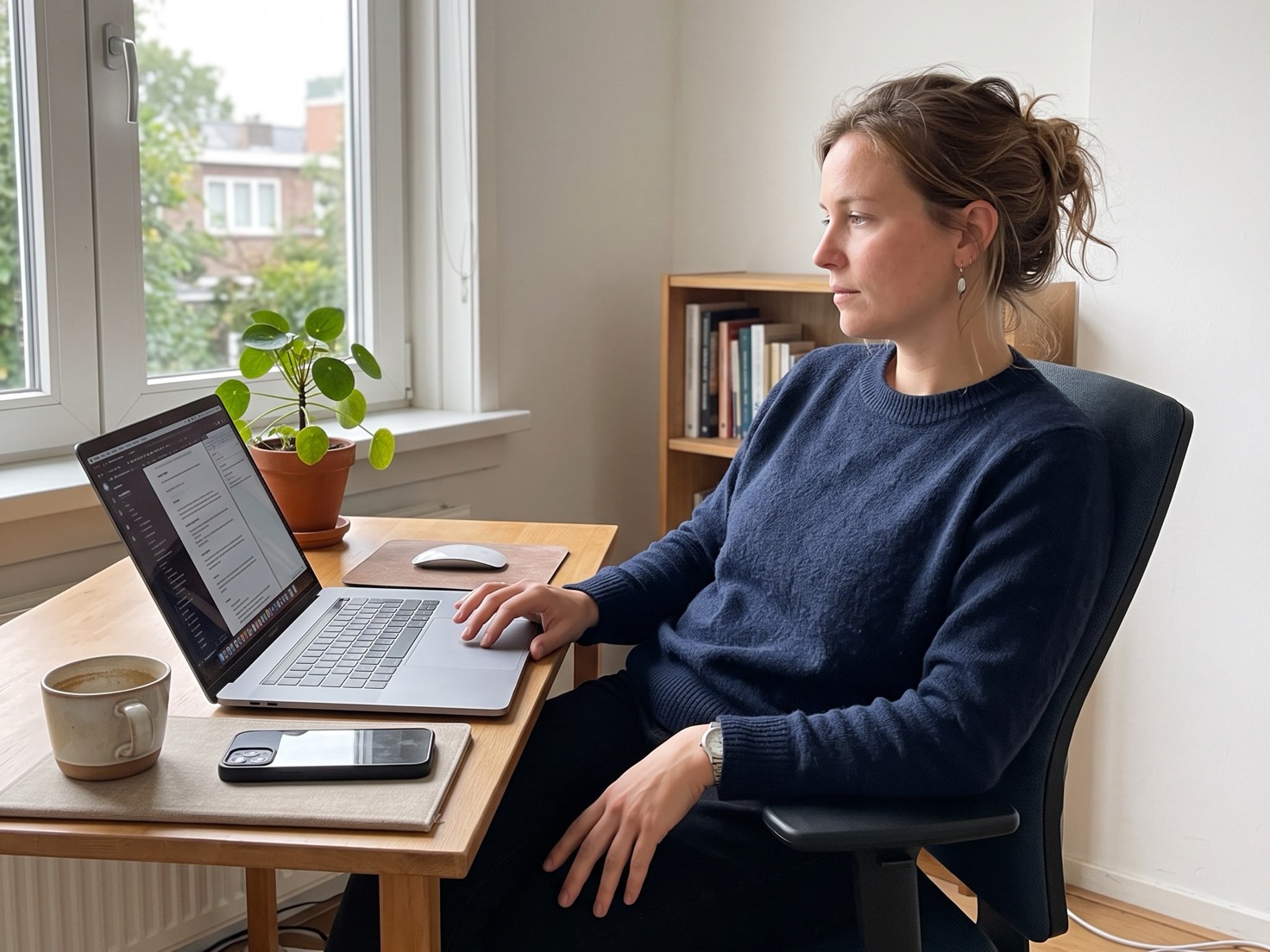 Zzp'er kijkt rustig naar haar laptopscherm aan een thuiswerkplek bij het raam