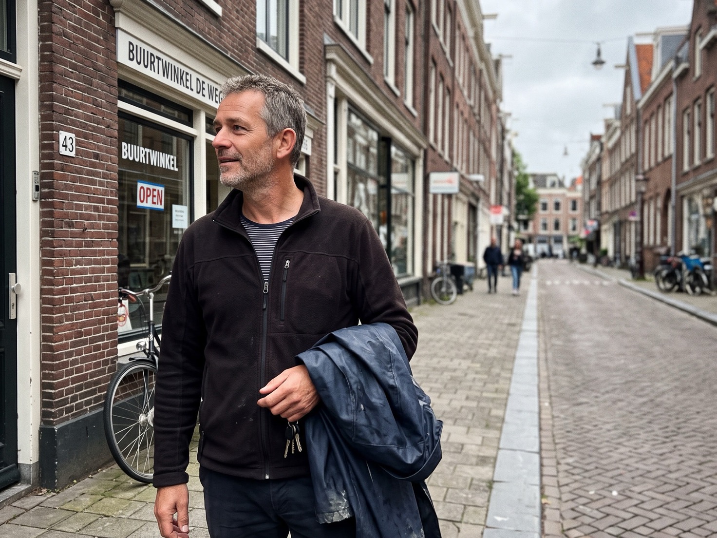 Man van middelbare leeftijd staat buiten voor zijn bedrijfspand en kijkt rustig de straat in
