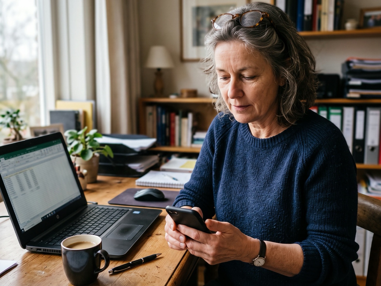 Ondernemer checkt haar telefoon naast haar open laptop aan het bureau