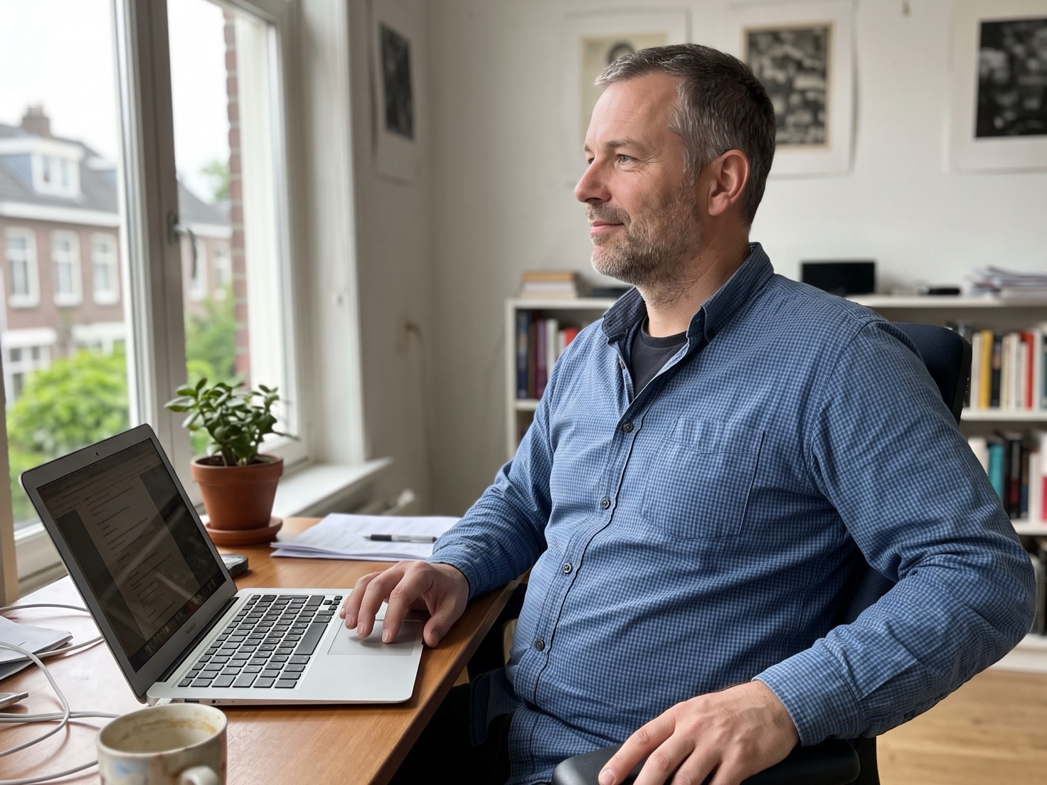 Solo-ondernemer denkt na achter zijn laptop thuis, klaar om aan zijn nieuwsbrief te beginnen