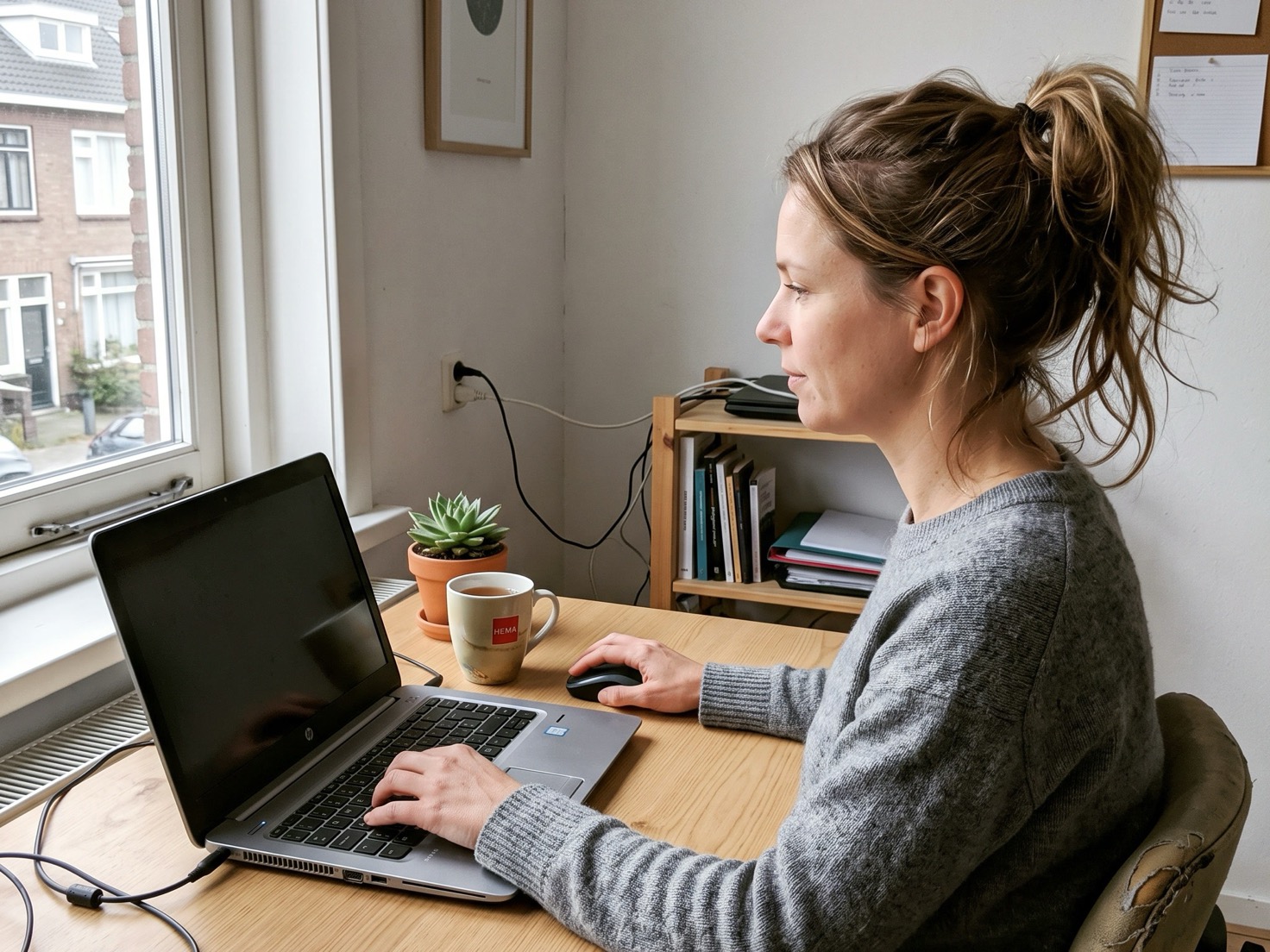 Vrouw werkt geconcentreerd achter haar laptop in een klein thuiskantoor