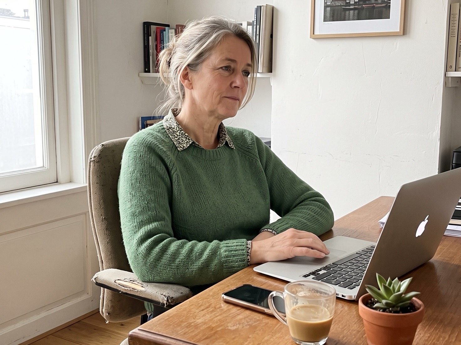 Vrouw werkt geconcentreerd achter haar laptop thuis, nadenkend over een LinkedIn-post