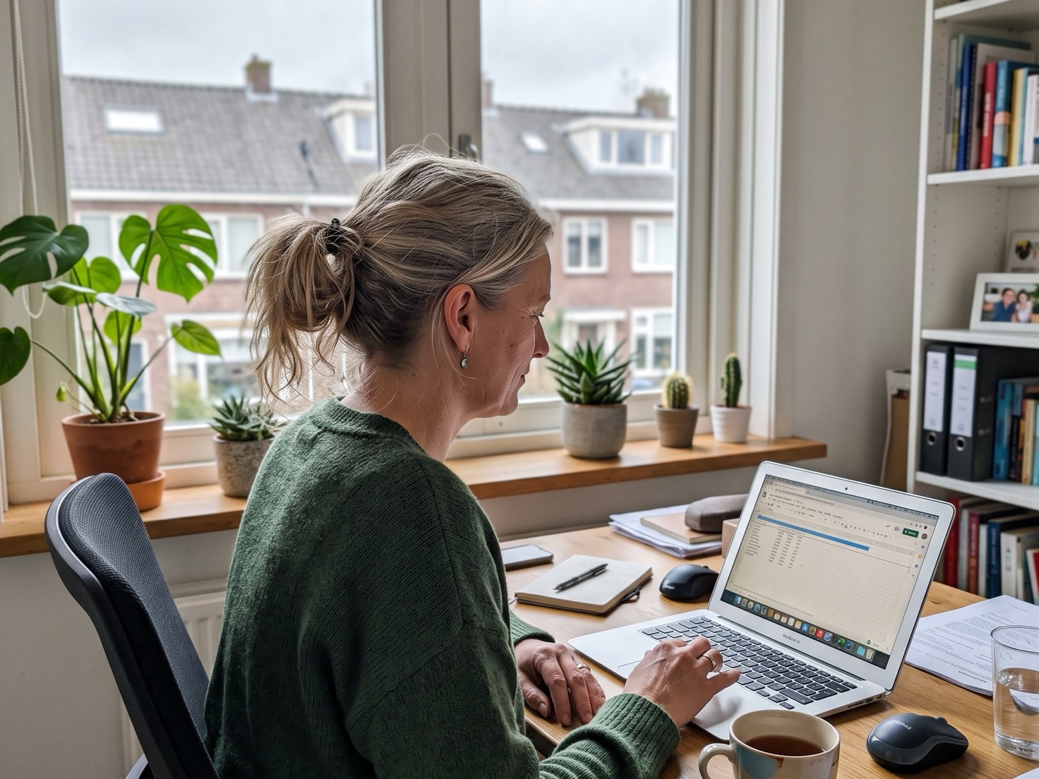 Vrouw werkt achter laptop thuis aan een LinkedIn-post