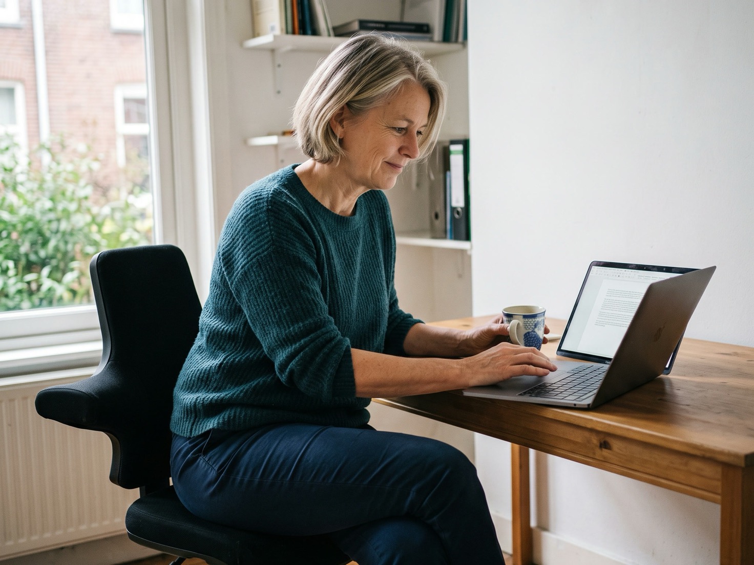 Vrouw leest een LinkedIn-post terug op haar laptop in haar praktijkruimte