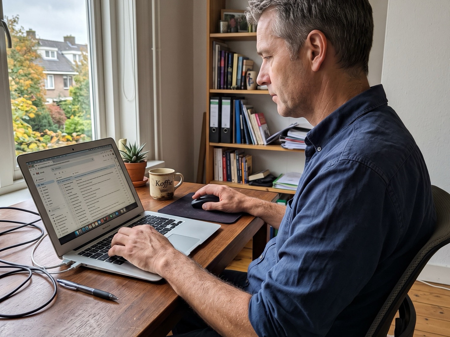 Man werkt achter zijn laptop thuis en overweegt of hij iemand volgt of connect op LinkedIn
