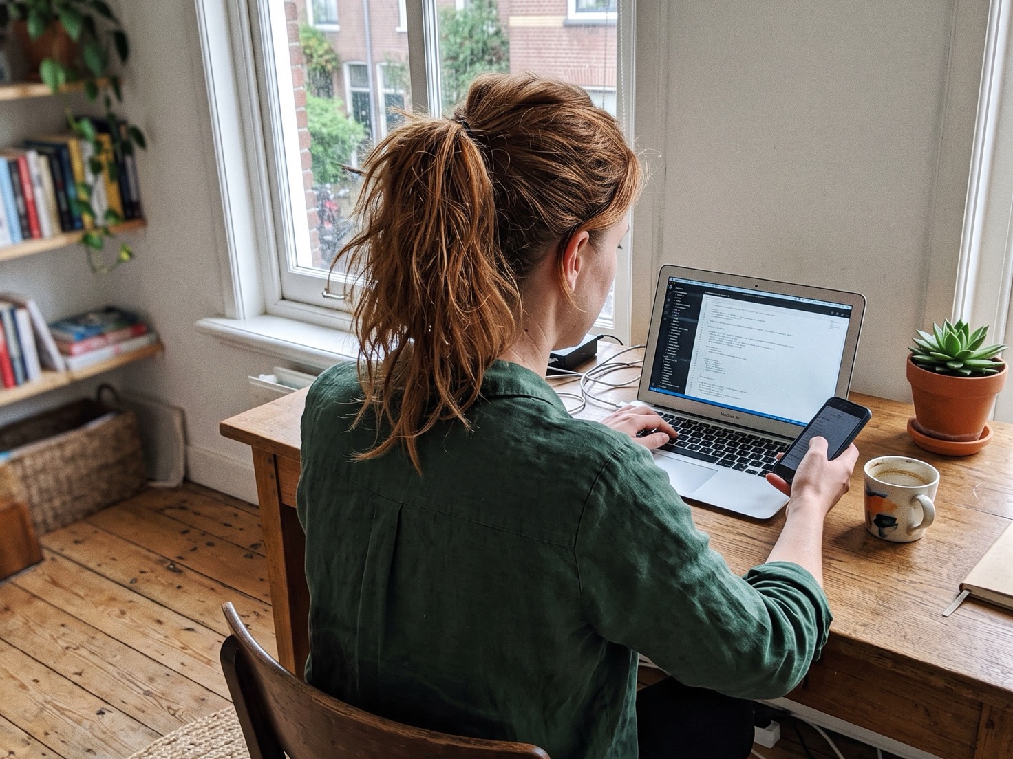 Ondernemer werkt achter haar laptop en kijkt naar haar telefoon, met oog voor wat haar linkje in bio oplevert