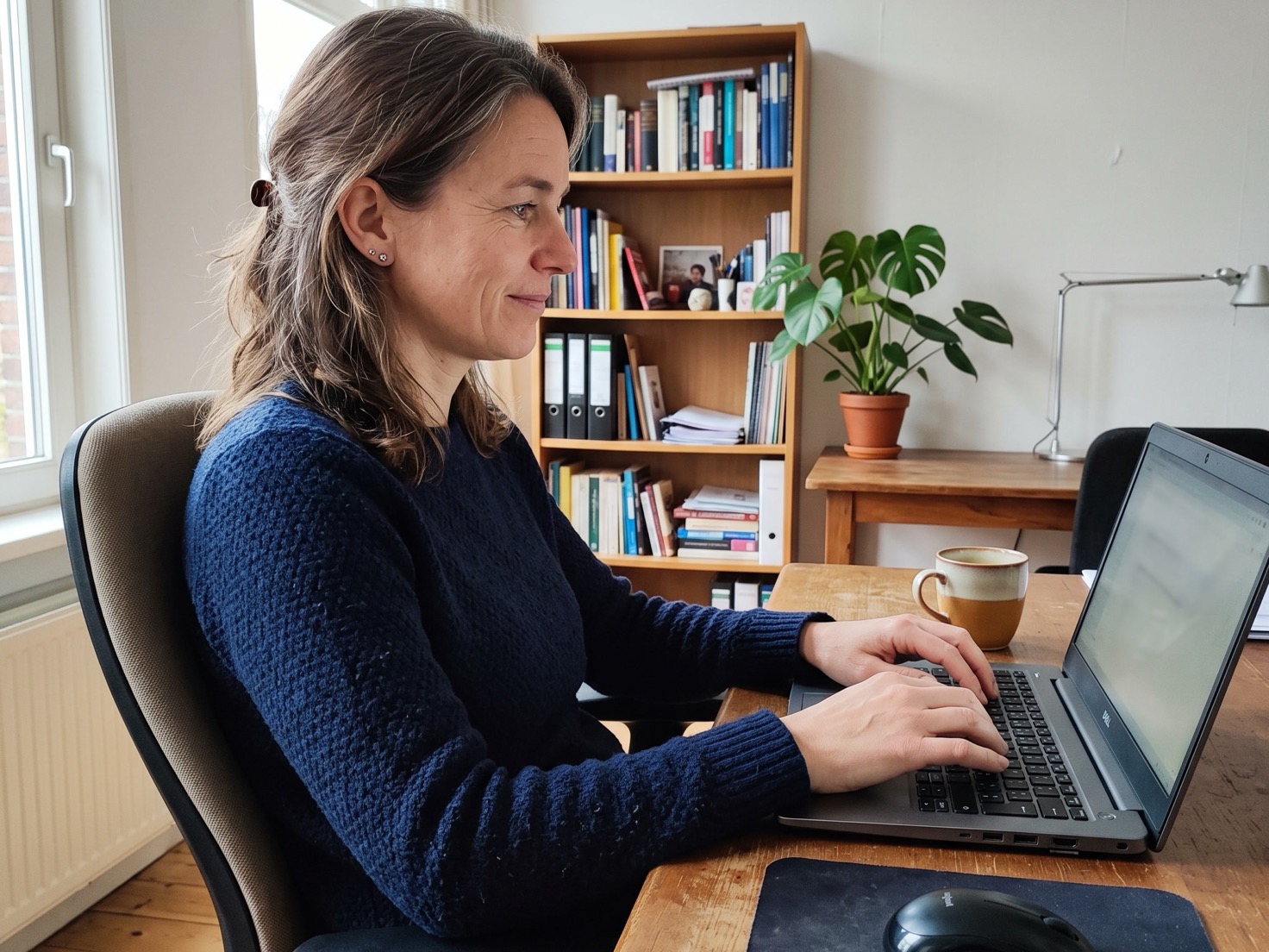 Vrouw werkt achter een laptop aan haar bureau thuis