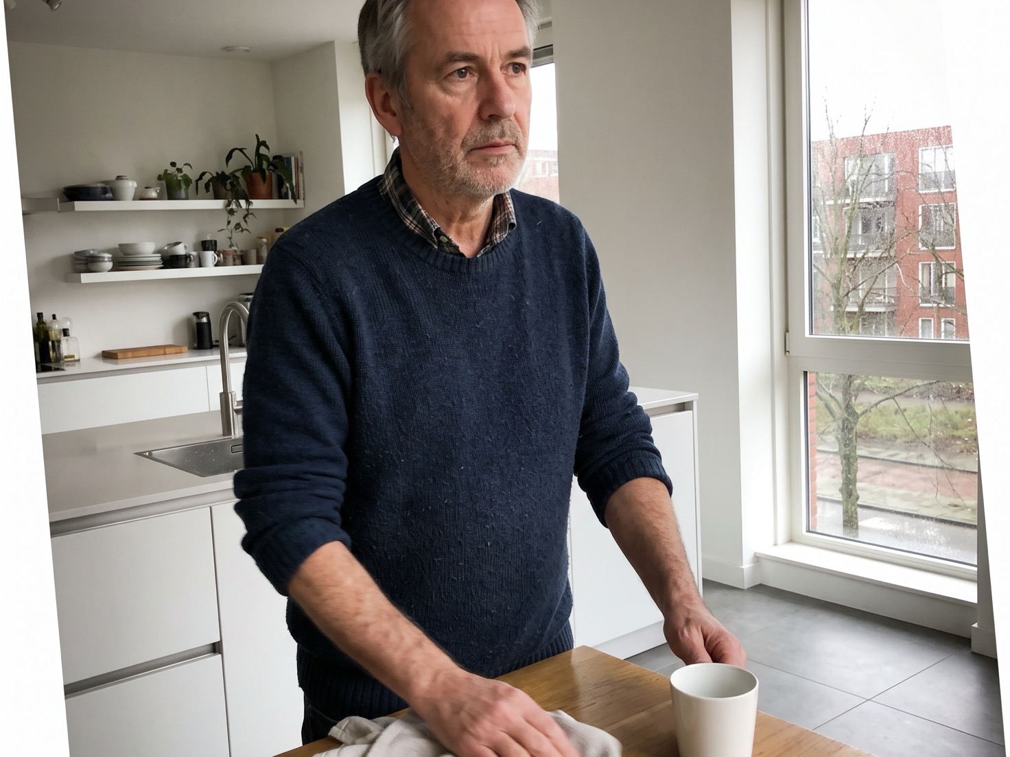 Man van eind vijftig in zijn keuken, in gedachten na een gesprek