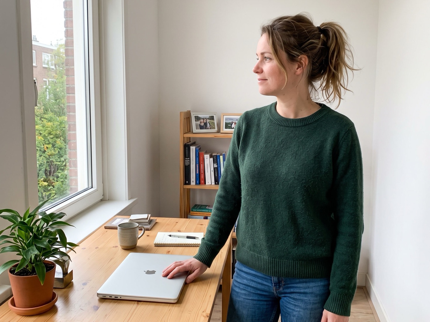 Ondernemer sluit haar laptop in haar thuiskantoor na het versturen van haar nieuwsbrief