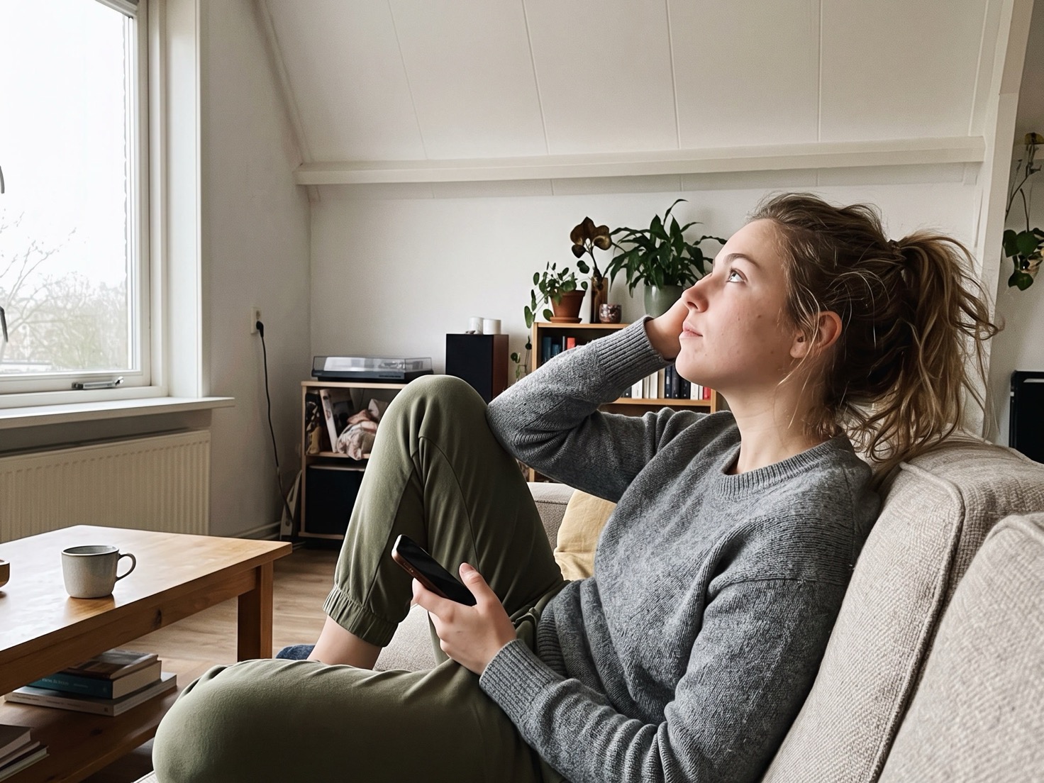 Vrouw ontspannen op de bank met haar telefoon, nadenkend over haar mailinglijst