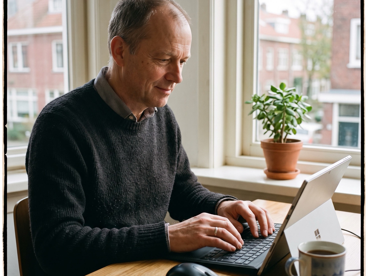 Zelfstandig adviseur werkt geconcentreerd aan zijn nieuwsbrief achter de laptop aan zijn werktafel