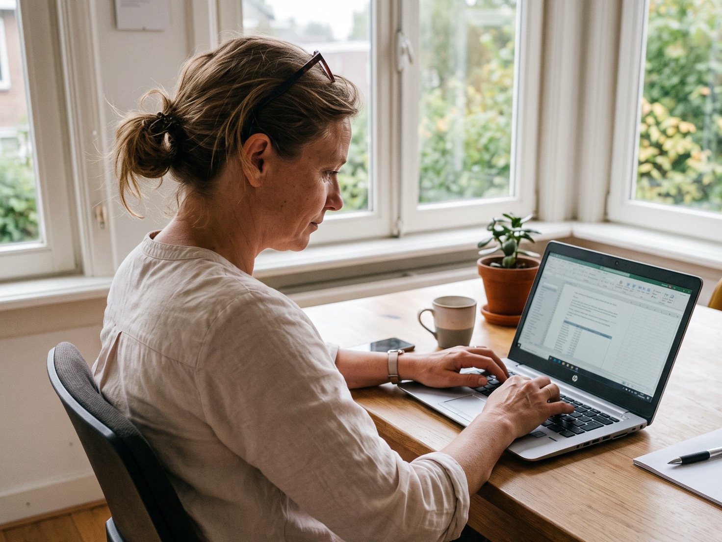 Vrouw werkt geconcentreerd achter haar laptop aan haar bureau thuis