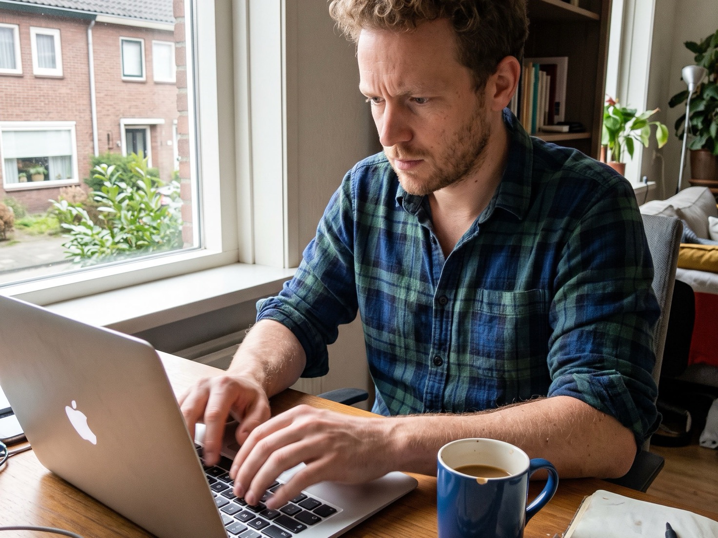 Man werkt geconcentreerd achter zijn laptop aan een bureau thuis