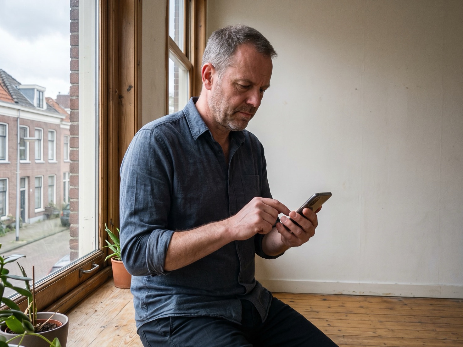 Man van rond de vijftig zit bij het raam en zoekt iets op zijn telefoon