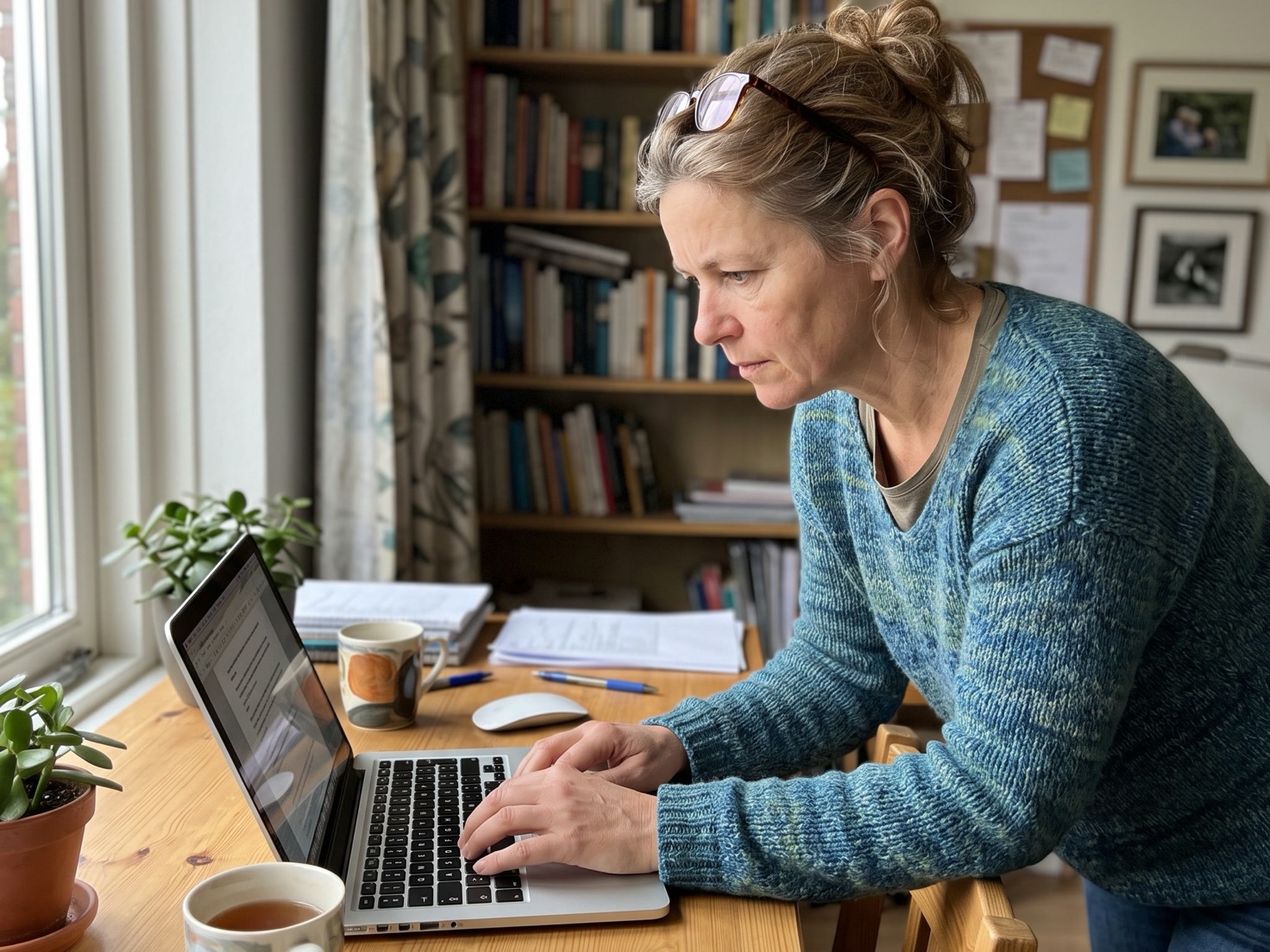 Solo-ondernemer werkt geconcentreerd aan haar laptop aan de metabeschrijving van een nieuwe blog