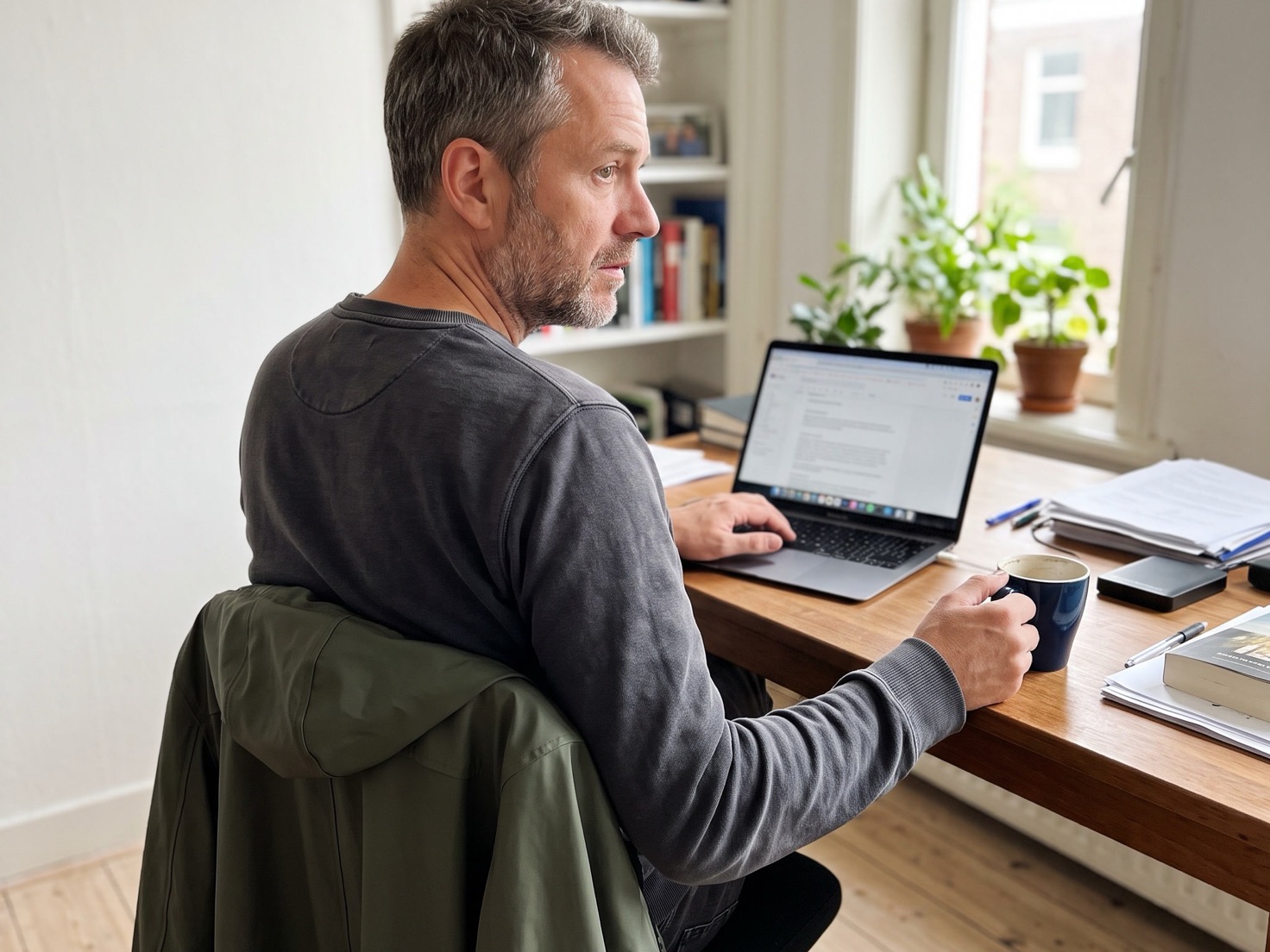 Solo-ondernemer werkt aan de laptop na het overwegen van een netwerkevenement