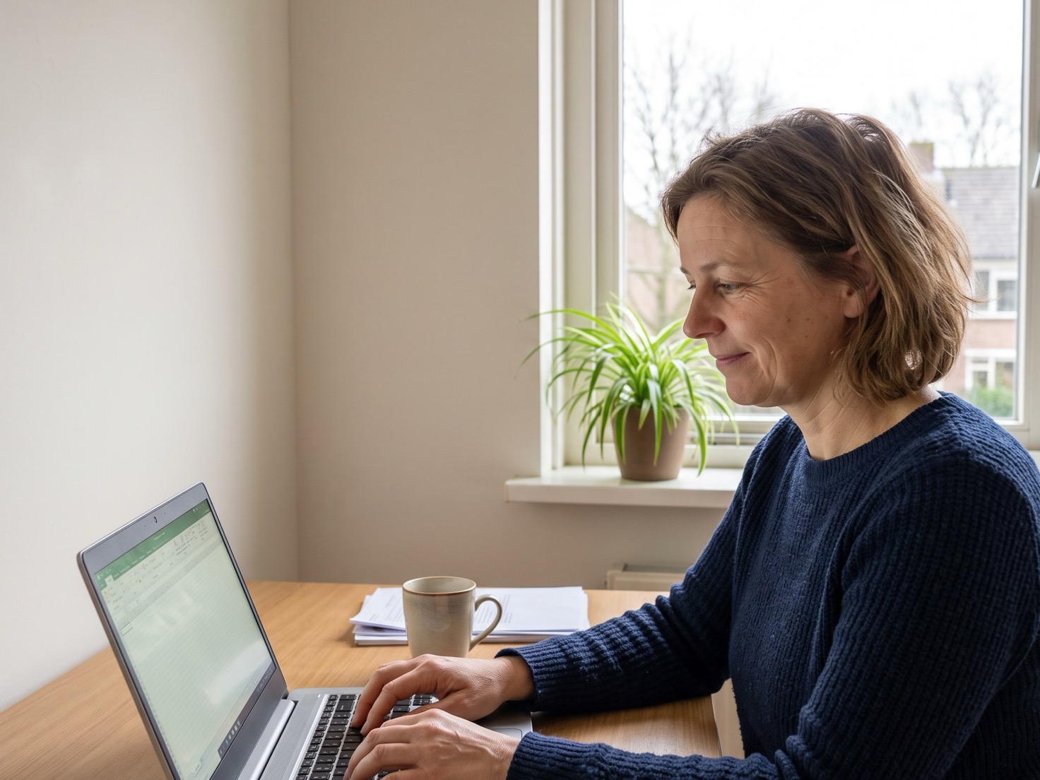 Zelfstandig ondernemer werkt achter haar laptop in een nog niet volledig ingerichte nieuwe werkkamer