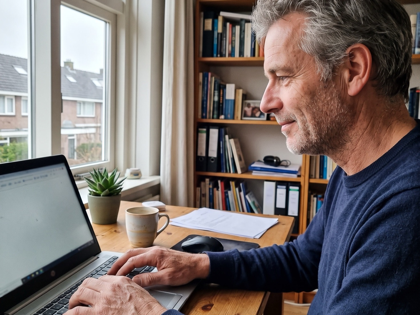 Zelfstandig ondernemer werkt aan laptop thuis aan een persoonlijke nieuwjaarsgroet voor klanten