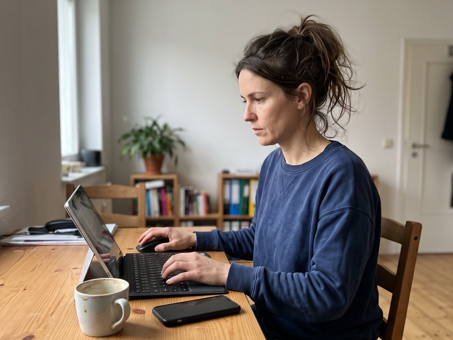Vrouw werkt geconcentreerd aan haar laptop aan de previewtekst van haar nieuwsbrief