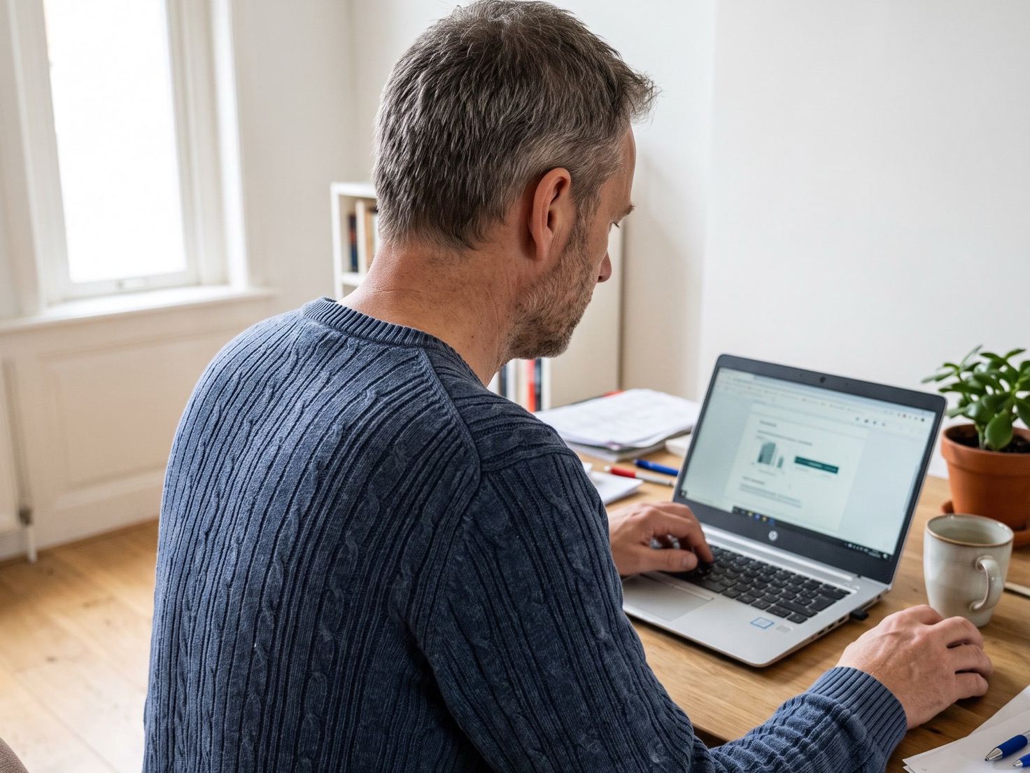 Man werkt geconcentreerd achter een laptop aan zijn keukentafel