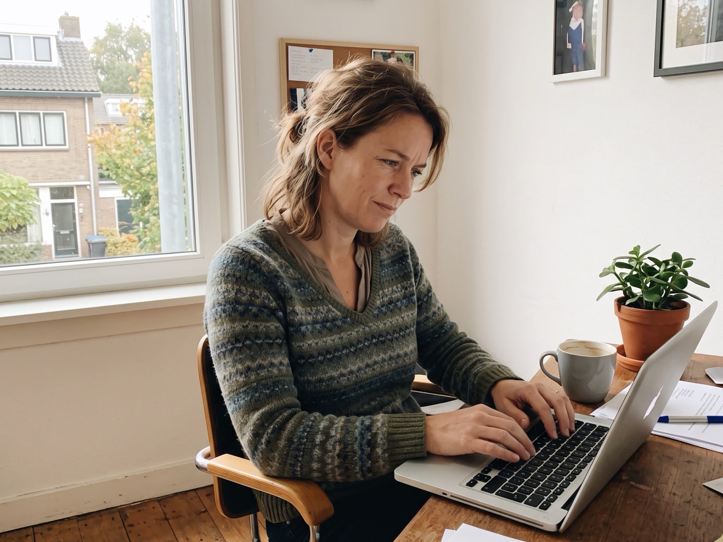 Vrouw werkt aan laptop in haar thuiskantoor terwijl ze haar website-content naloopt