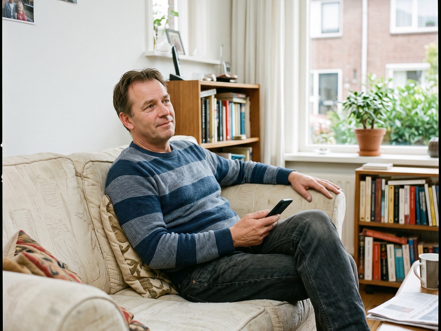 Man van in de vijftig zit op de bank in zijn woonkamer met zijn telefoon in de hand