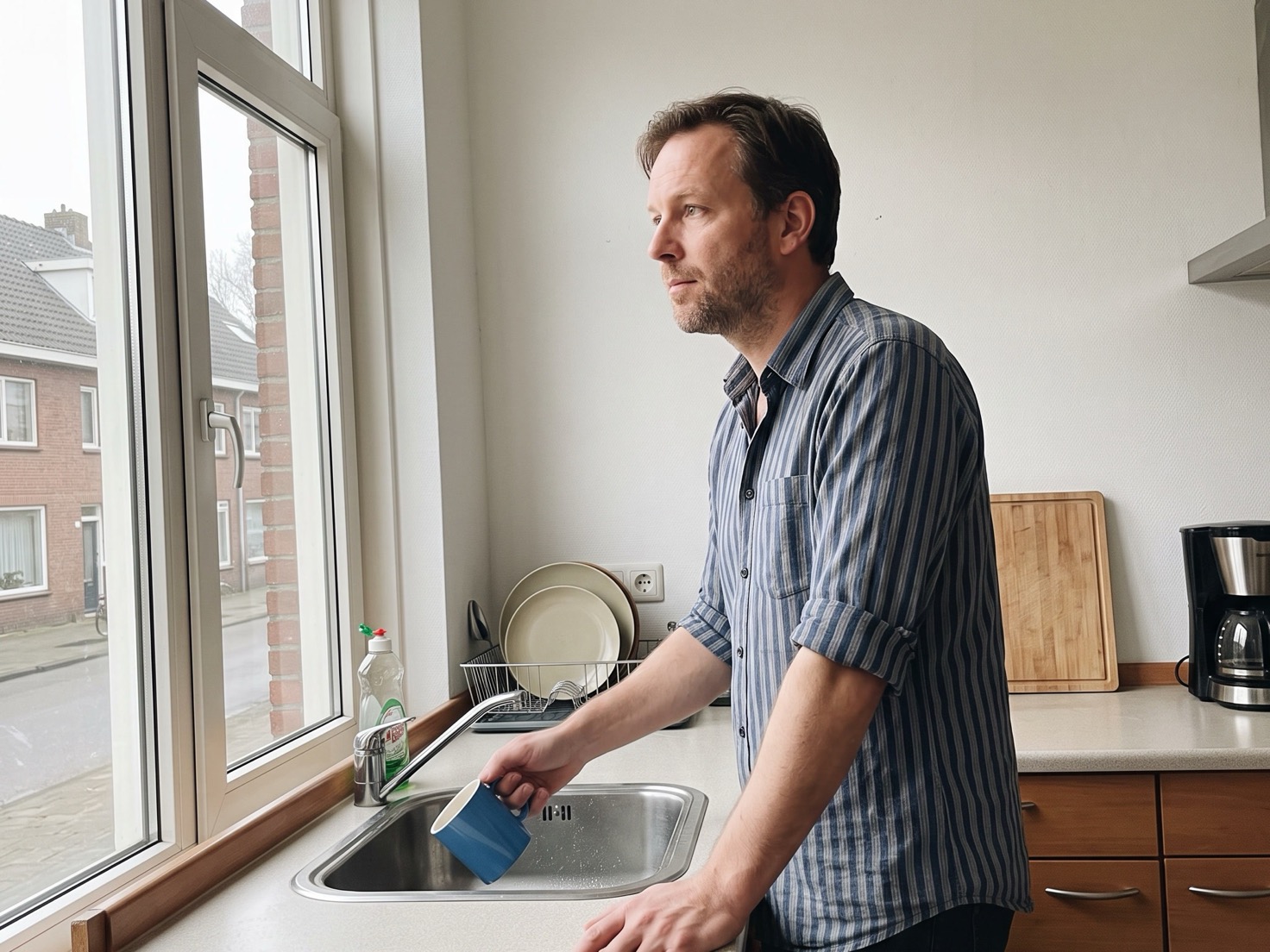 Ondernemer aan het aanrecht in zijn keuken, even weg van zijn werk