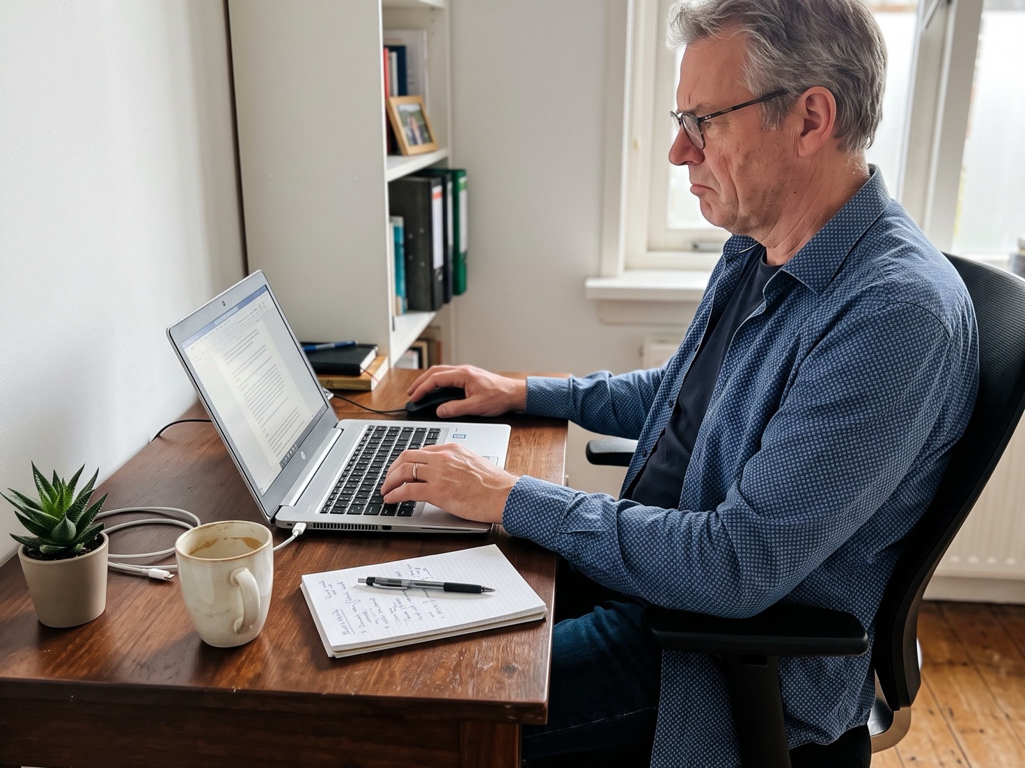 Man fronst achter zijn laptop in een klein thuiskantoor terwijl hij zijn openingsalinea herschrijft