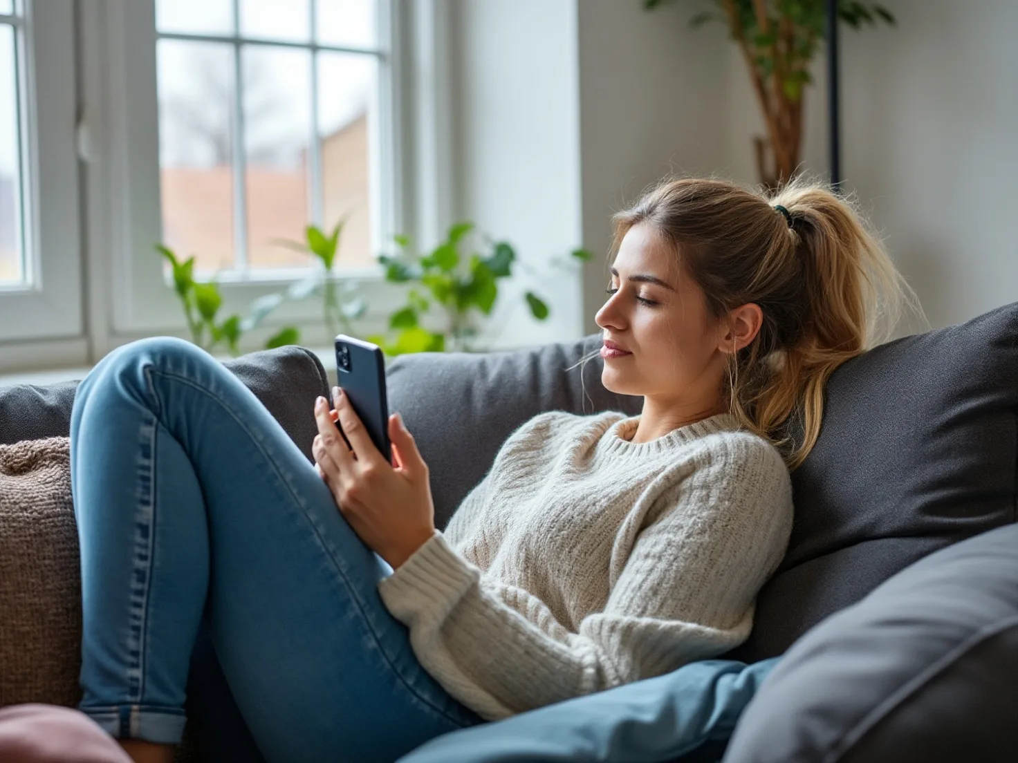 Vrouw van begin veertig zit ontspannen met haar telefoon op de bank in de woonkamer