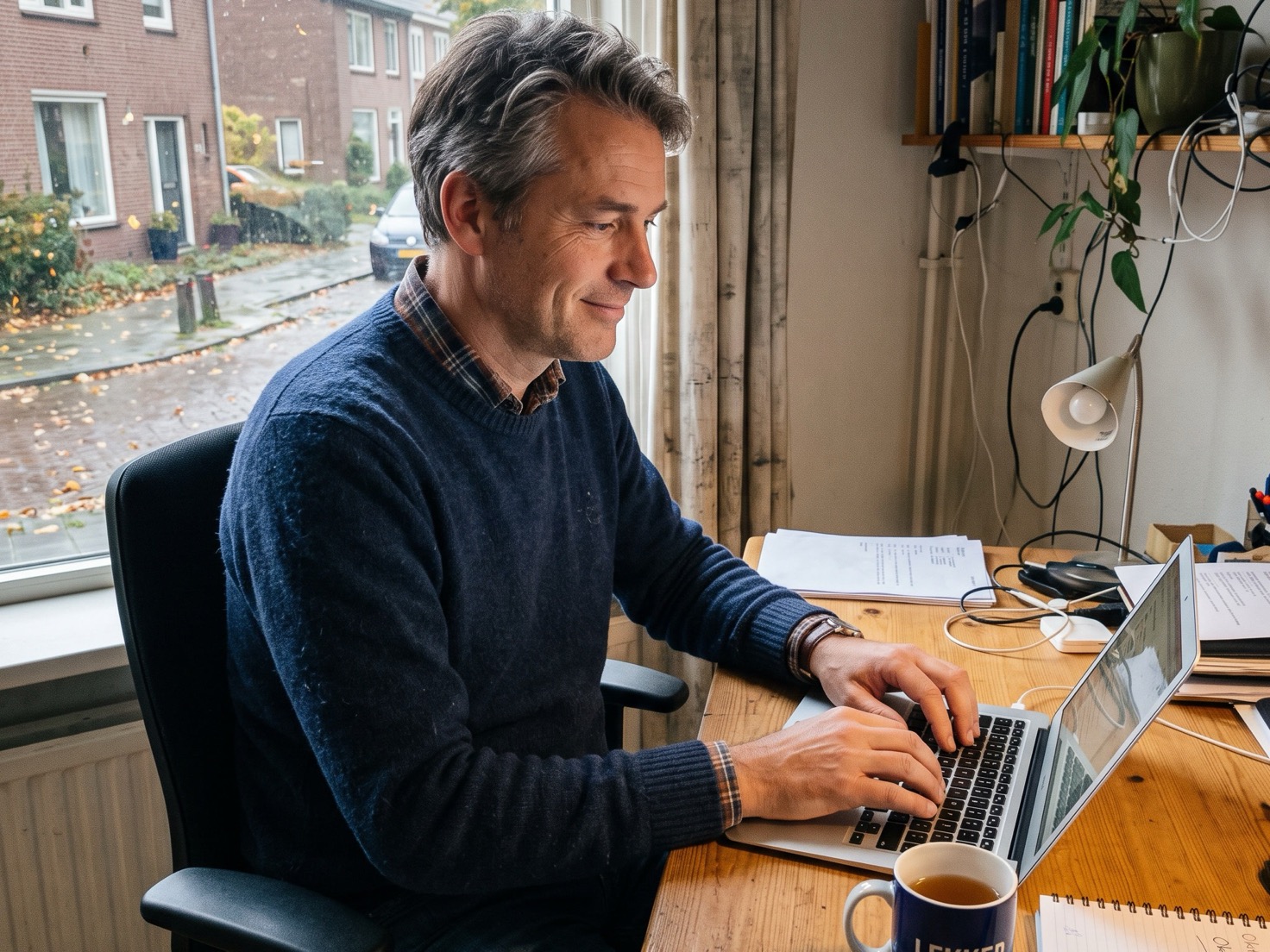 Solo-ondernemer werkt geconcentreerd achter zijn laptop aan zijn website