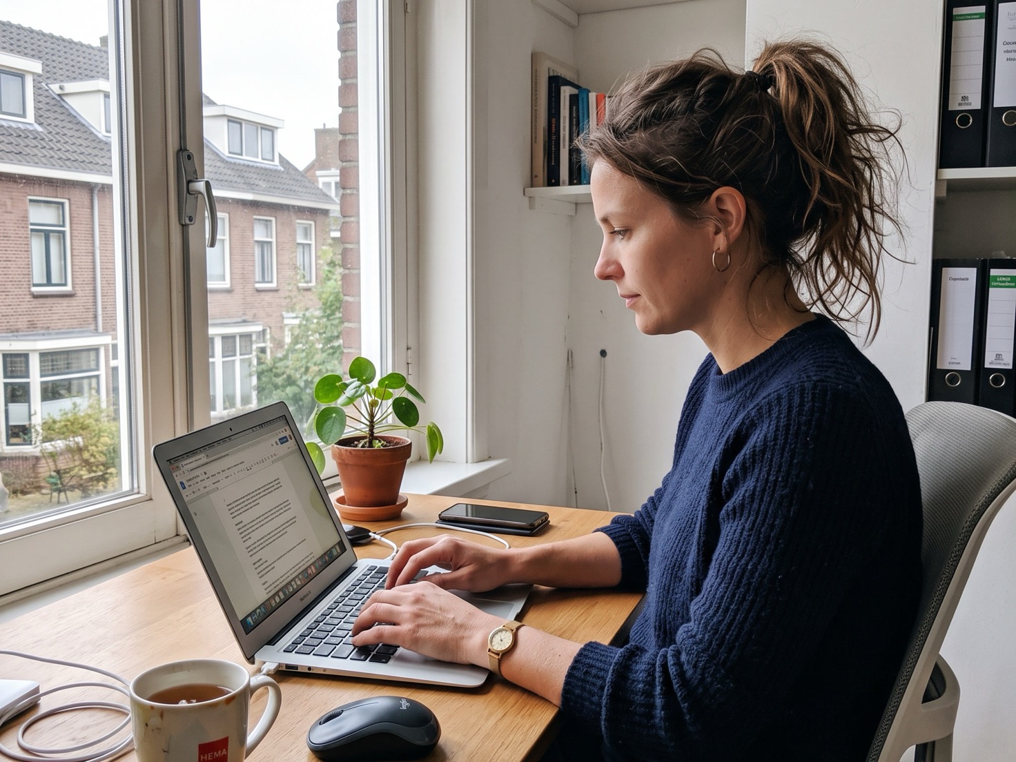 Vrouw werkt geconcentreerd aan laptop bij het raam, bezig met haar administratie