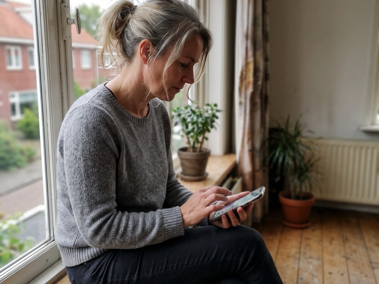 Vrouw van rond de vijftig zit bij het raam met haar telefoon in de hand en denkt even na voor ze verder tikt