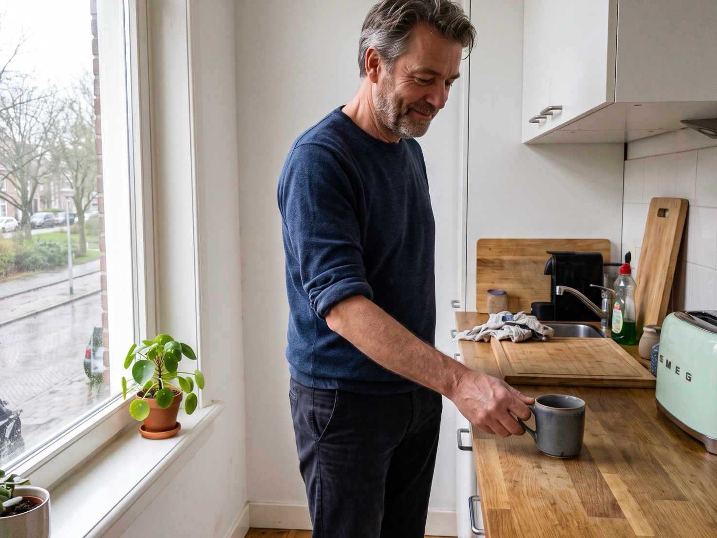 Ondernemer van in de vijftig zet een mok neer op het aanrecht in zijn keuken