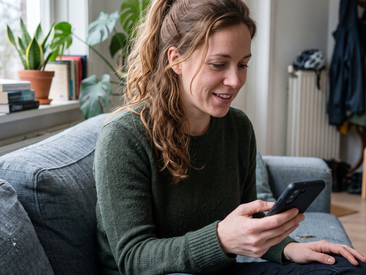 Vrouw van rond de veertig kijkt verrast naar haar telefoon op de bank in haar woonkamer