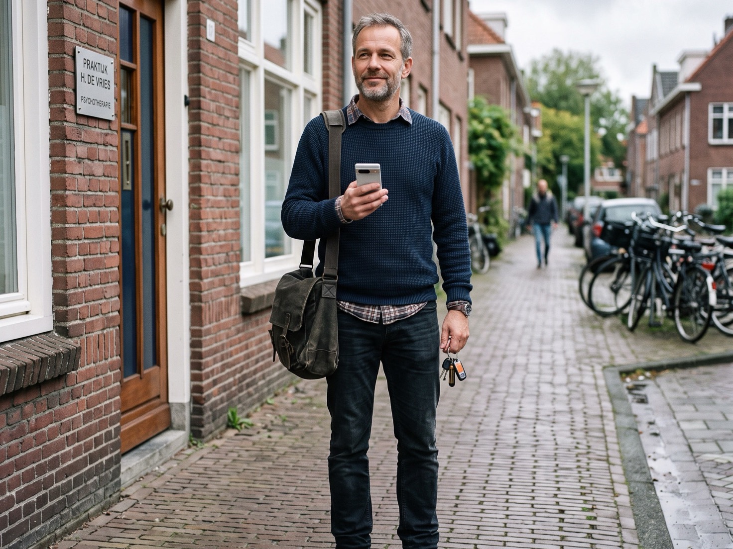 Zelfstandig therapeut met tas en sleutels voor zijn praktijkpand, telefoon in de hand